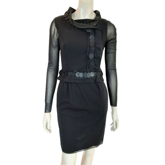 𝅺VIVIENNE Tam Dress size Small Black Mesh Mini Long Sleeve Ruffle Pockets - Picture 1 of 8